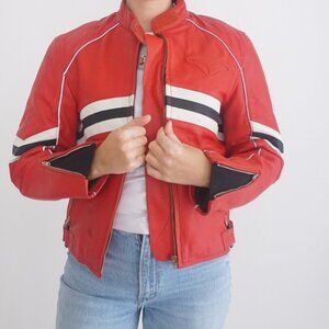 Vintage Teknic Red 100% Leather Motorcycle Riding Moto Bomber Biker Jacket 14